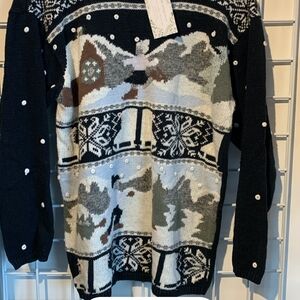 Vintage 80s Navy and White Winter Skating Graphic Knit Sweater